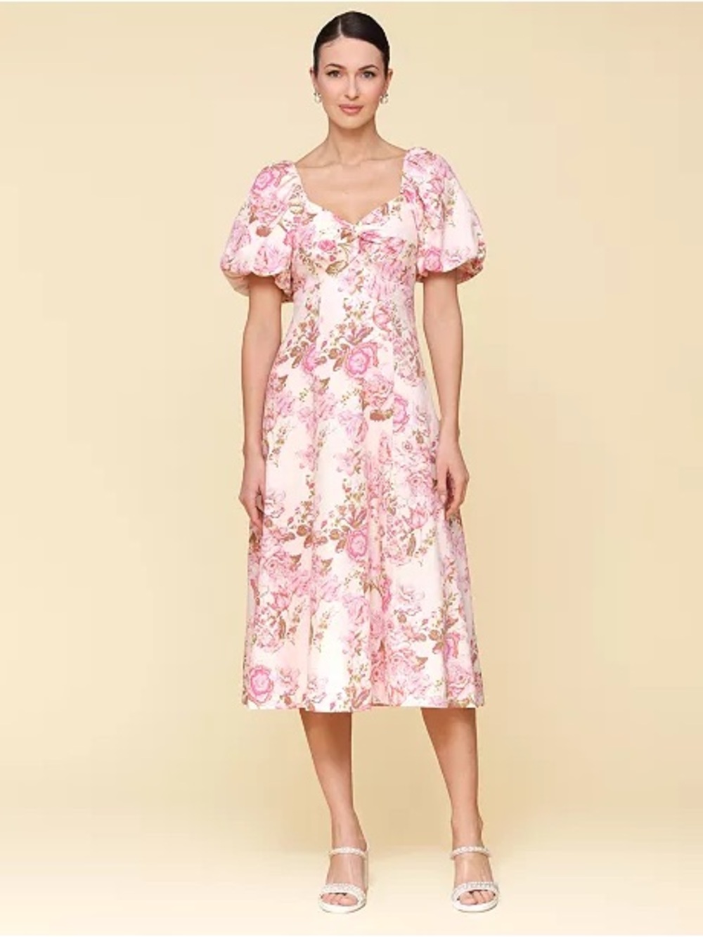 Avec Les Filles Floral Puff-Sleeve Midi Dress in Pink